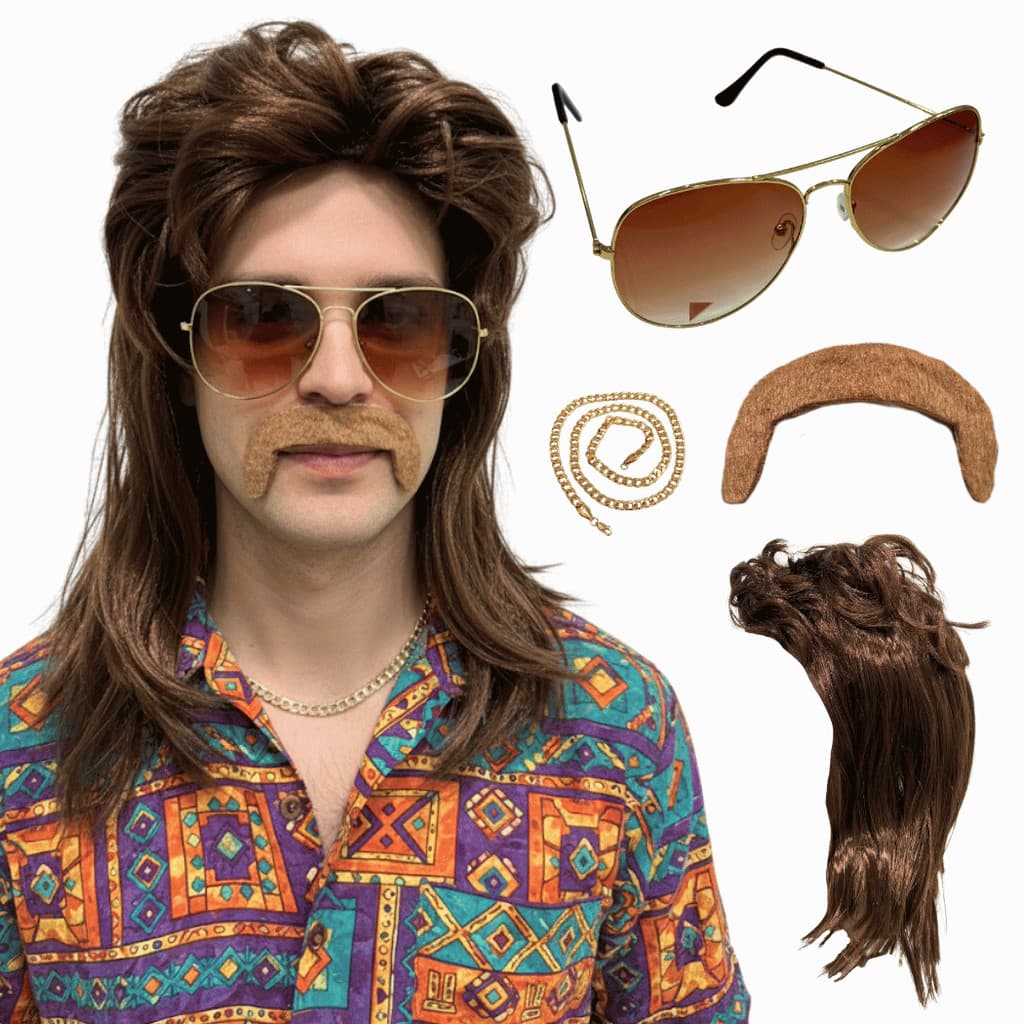 Peruca Retrô Anos 80 Rock Ruivo Com Bigode Óculos Cordão