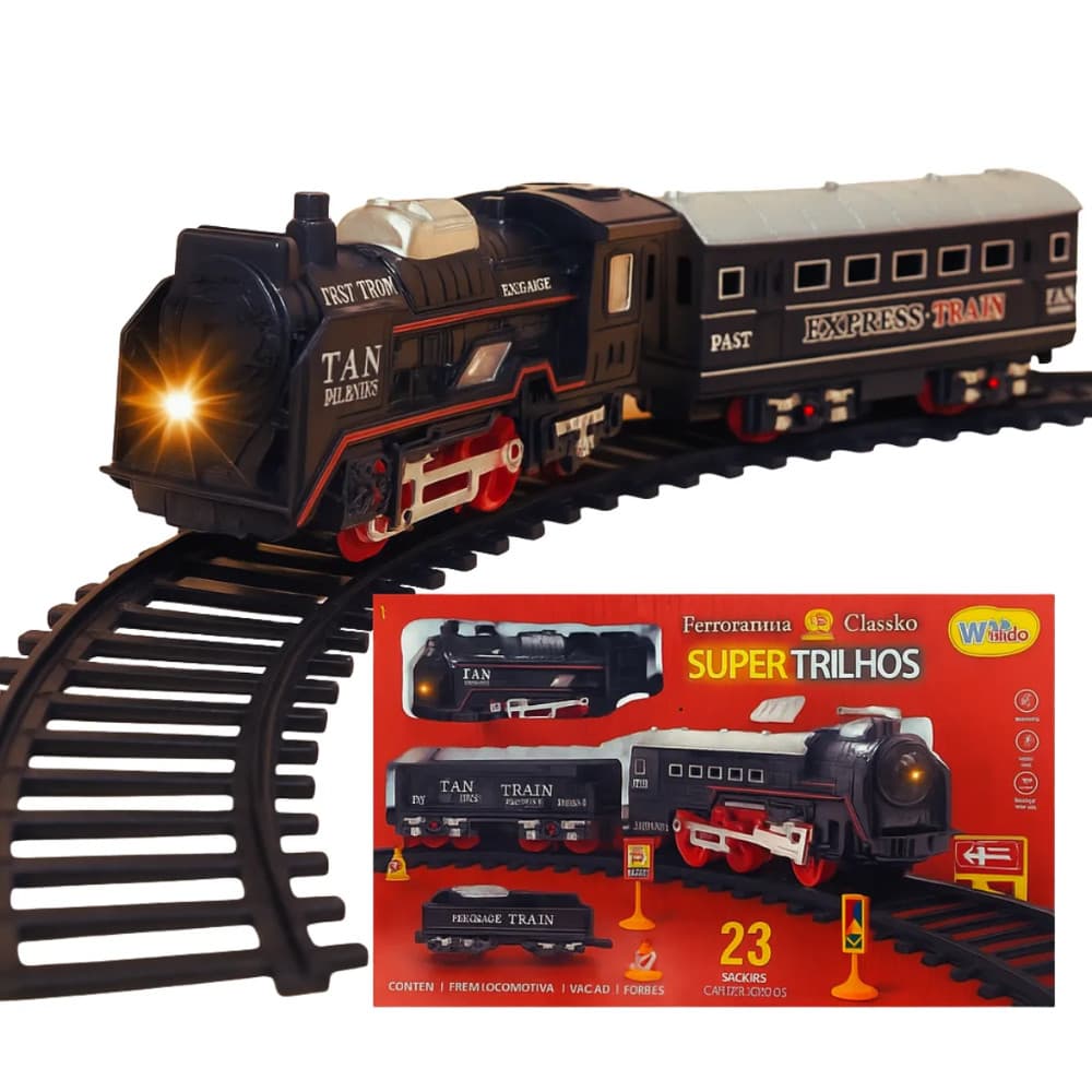 Trem Locomotiva Trenzinho classico com trilhos e Luz 23 Peças Wellkids