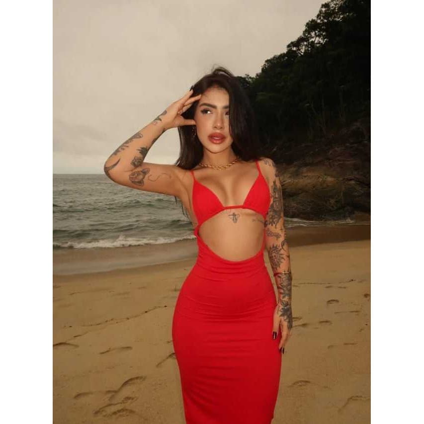 Vestido Feminino Longo Com Decote Verão Moderno Suplex Liso Vermelho