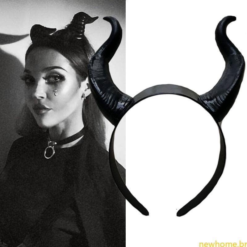 Halloween Preto Longo Chifre Boi Bandana Demônio Rainha Má Cabelo Hoop Gótico Cosplay Traje