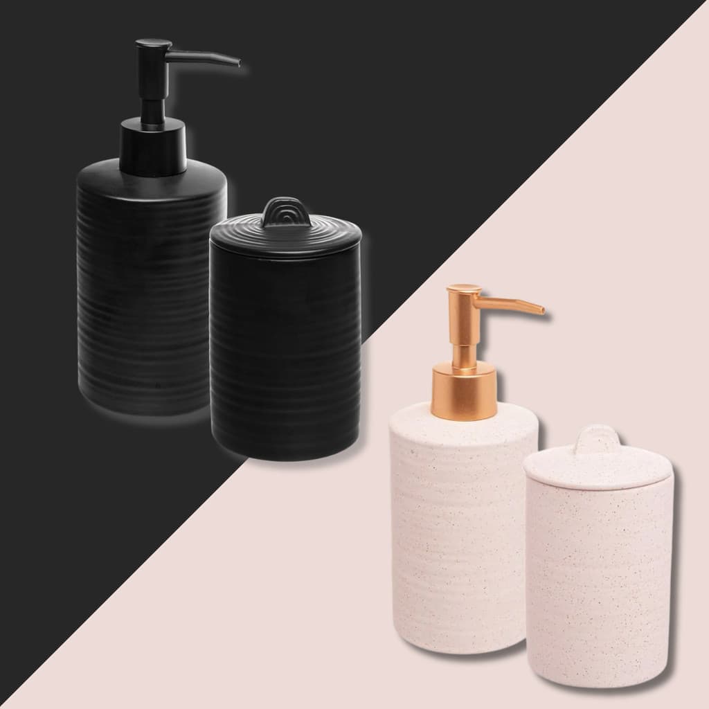 Conjunto Banheiro 2 Peças Em Cerâmica Sand Dispenser Sabonete + Porta Algodão Cotonete