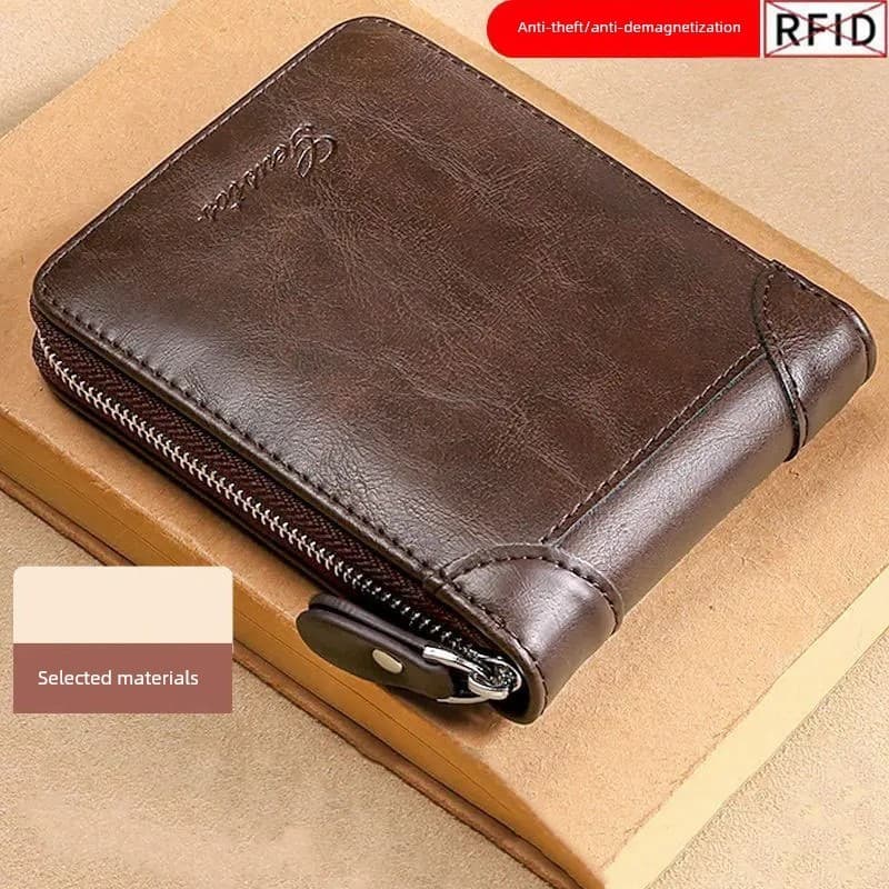 carteira masculina com ziper carteira masculina Carteira masculina de couro curto grande capacidade Anti-magnético novo