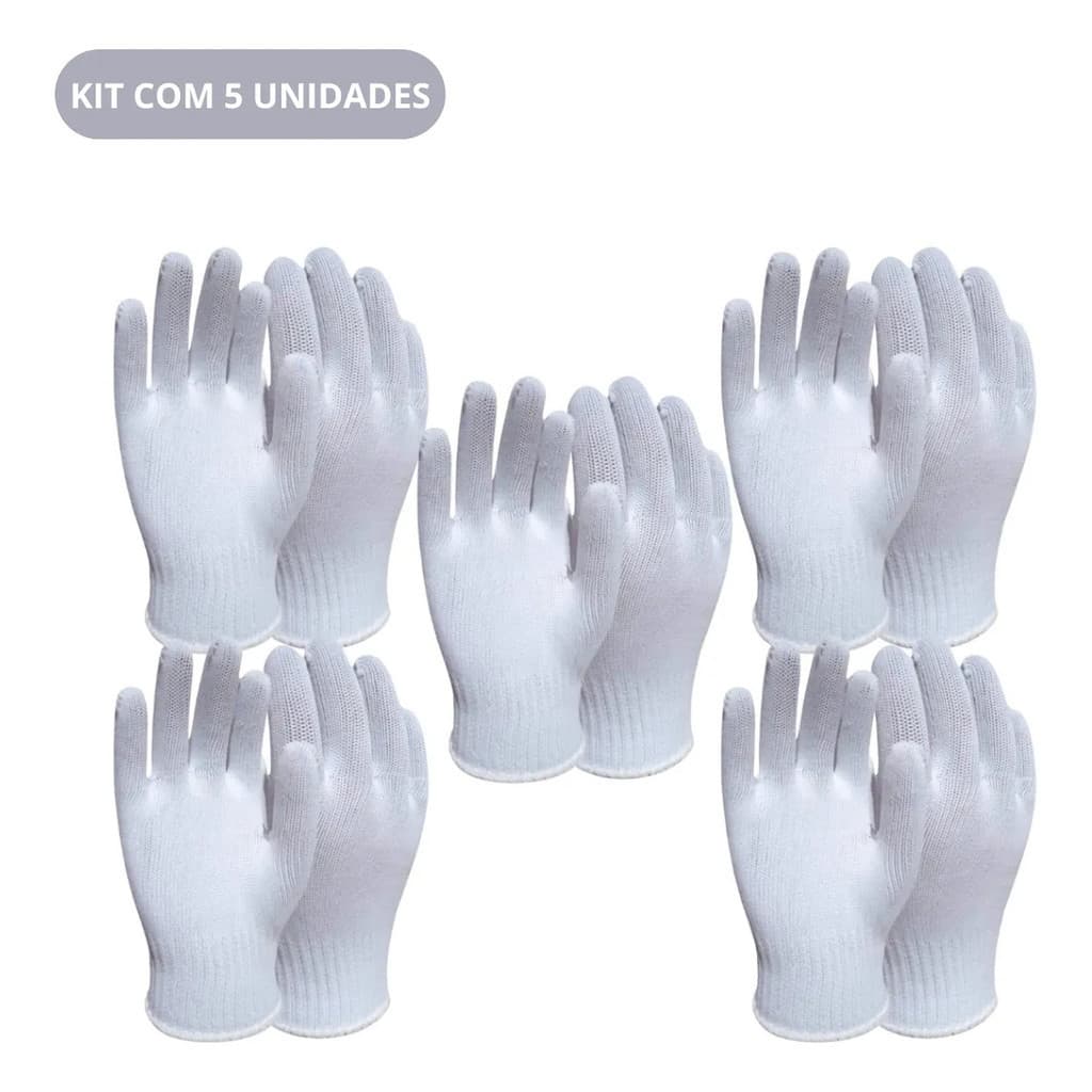 Kit 5 Luvas Brancas de Proteção Multiuso Reutilizáveis, Laváveis, Confortáveis para Manuseio e Trabalhos Delicados
