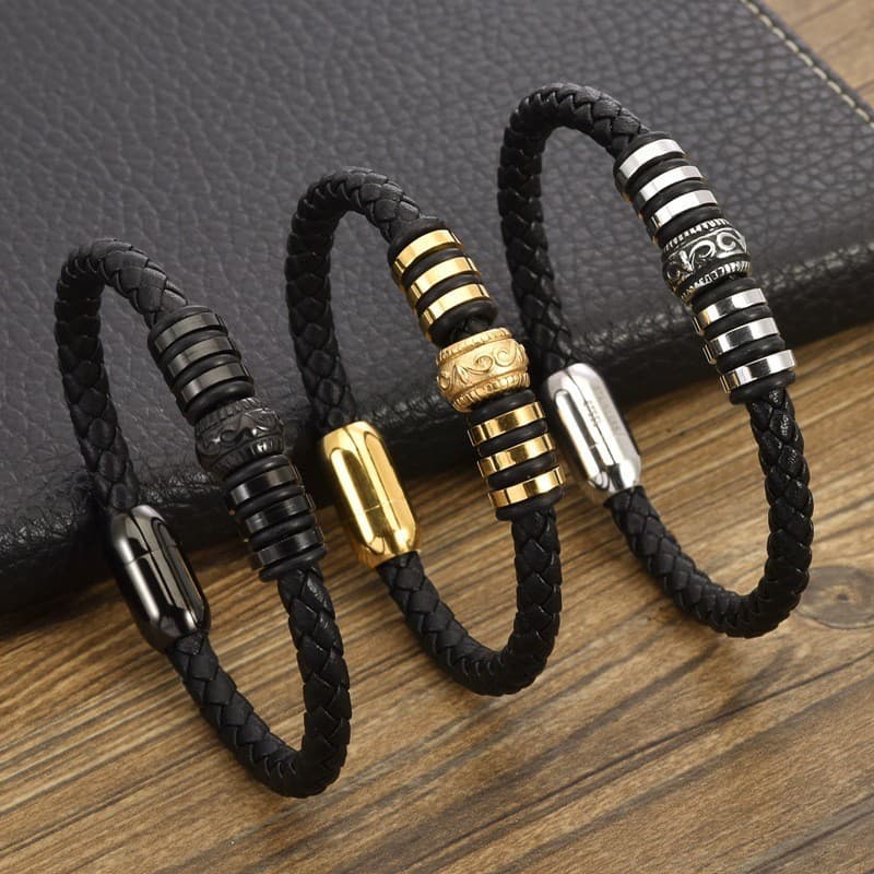 Pulseira Masculina de Aço Titânio Banhada a Ouro, Estilo Punk, Couro Trançado à Mão, Fecho Magnético, Acessório Masculin