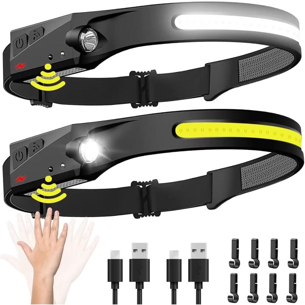 Lanterna de Cabeça Recarregável 2PCS, 230 °   Lanterna de Cabeça LED de Feixe Amplo com Sensor de Movimento para Adultos