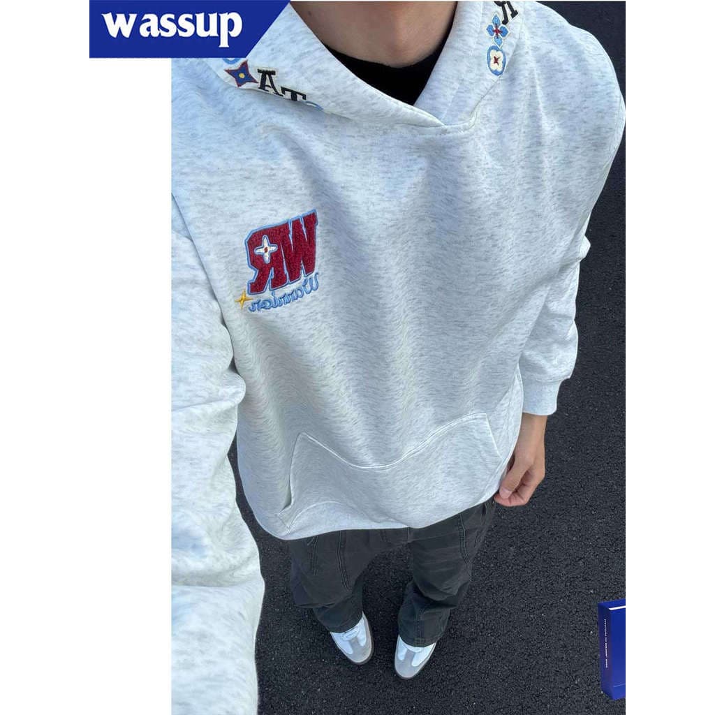 WASSUPWR Americano Básico Diversão Letras Bordadas Soltas Na Moda Homens Mulheres Com Capuz Pesado Moletom De Manga Comp
