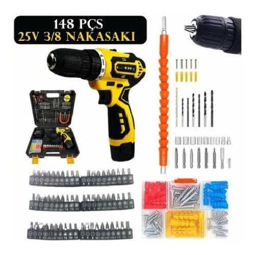 Parafusadeira Furadeira 25v 2 Baterias Profissional 158 Peças
