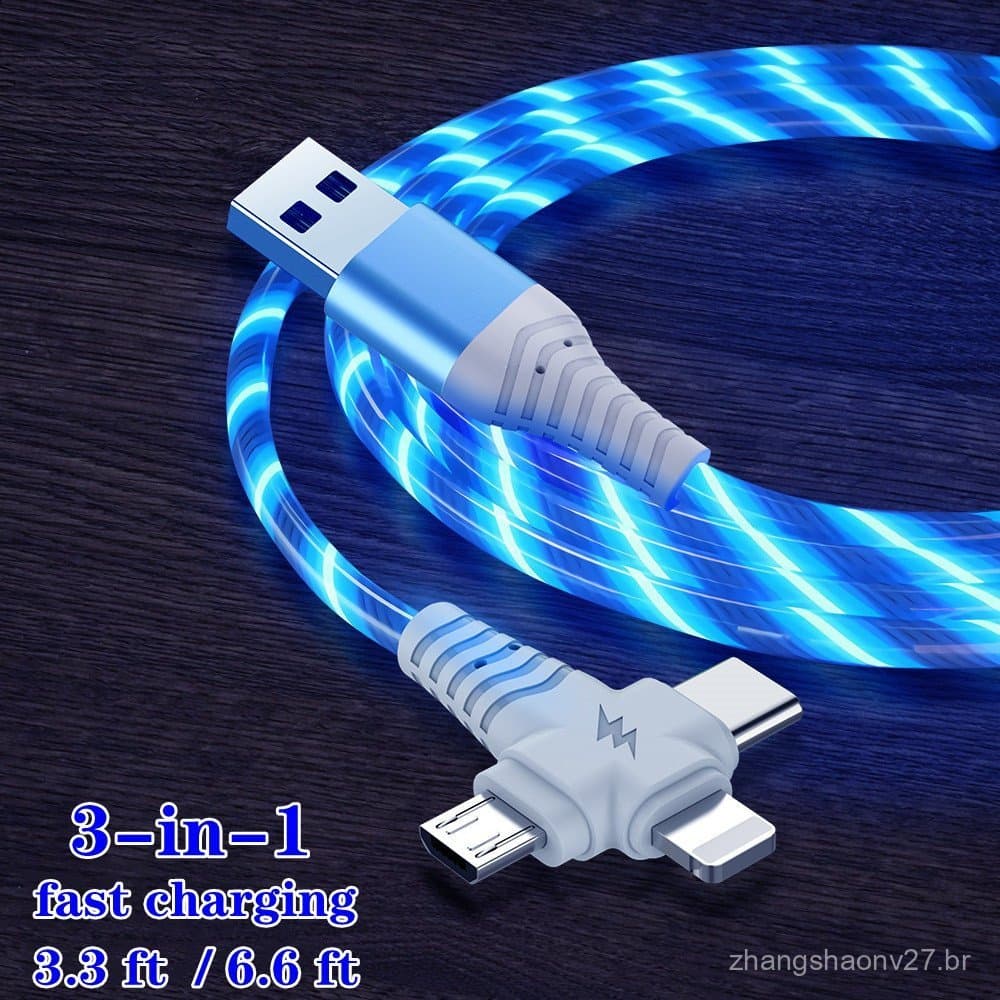 Cabo De Dados Com Claro LED 3 Em 1 Para IPhone/Android/Tipo-C