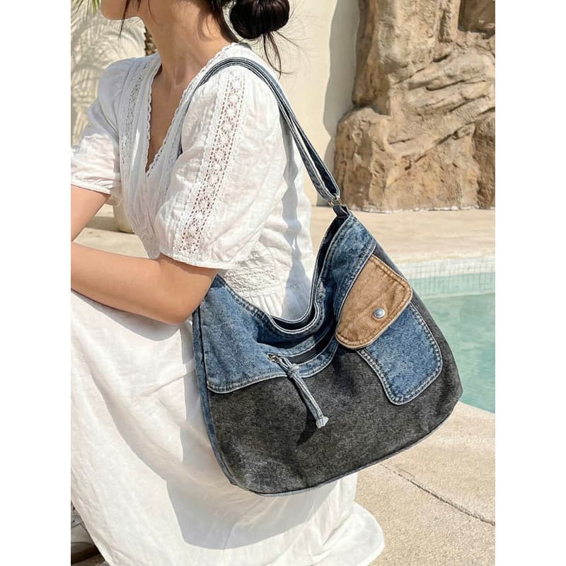 Lavado Denim Commuter saco do mensageiro feminino Retro contraste cor de um ombro Casual axilas saco de pano estilo preg