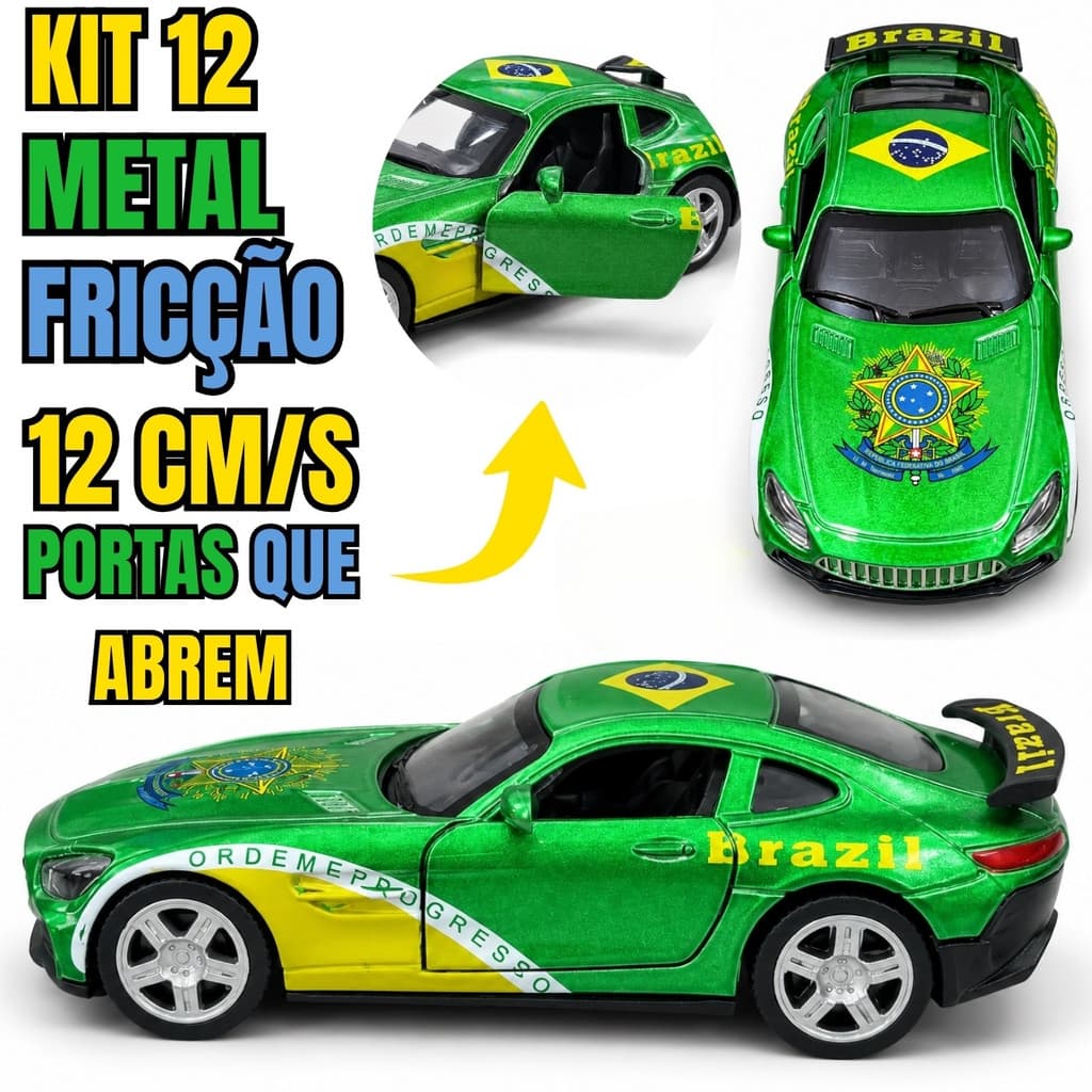 Kit 12 Carrinhos Esportivos Brasil 12cm Metal Fricção Miniaturas Colecionáveis