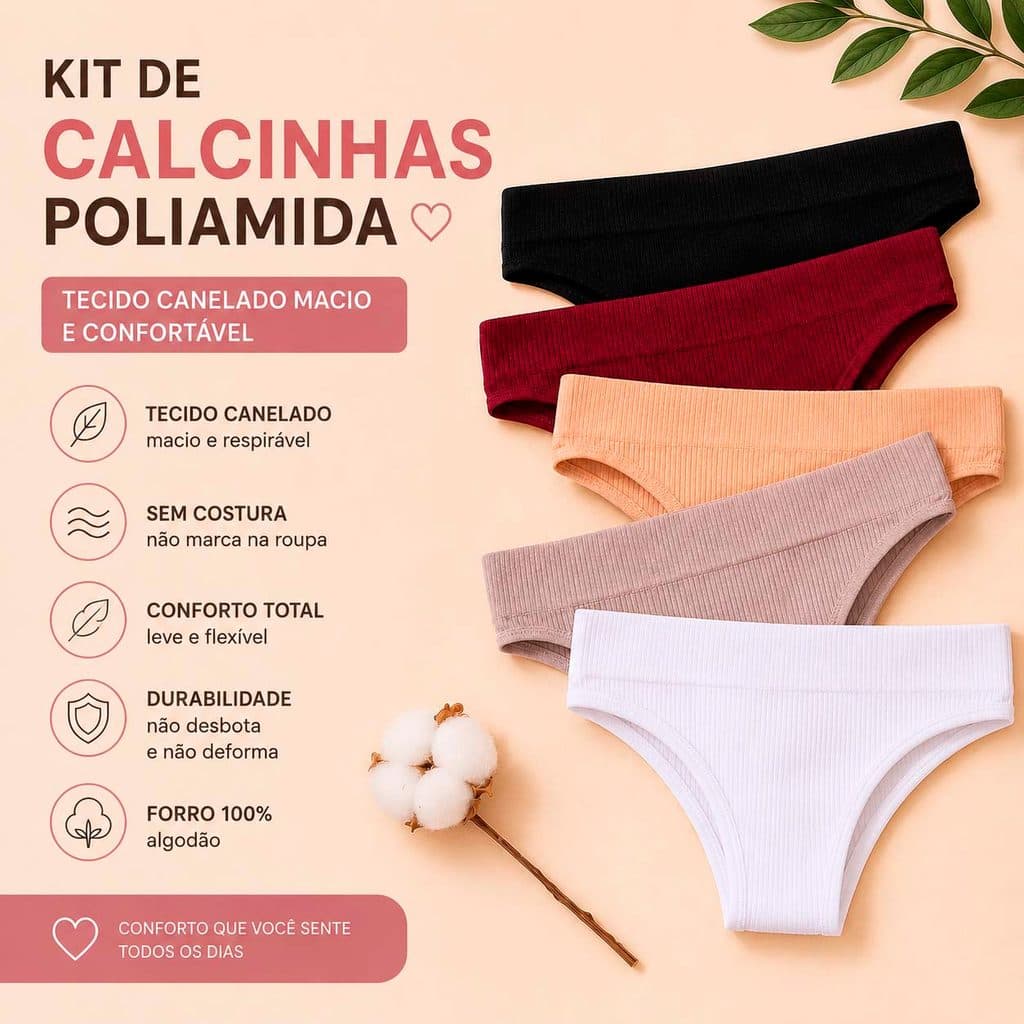 Kit 1, 2, 3 ou 4 Calcinhas Sem Costura IMPORTADA Não marca Conforto Modeladora Canelada Alta Compressão Não Marca