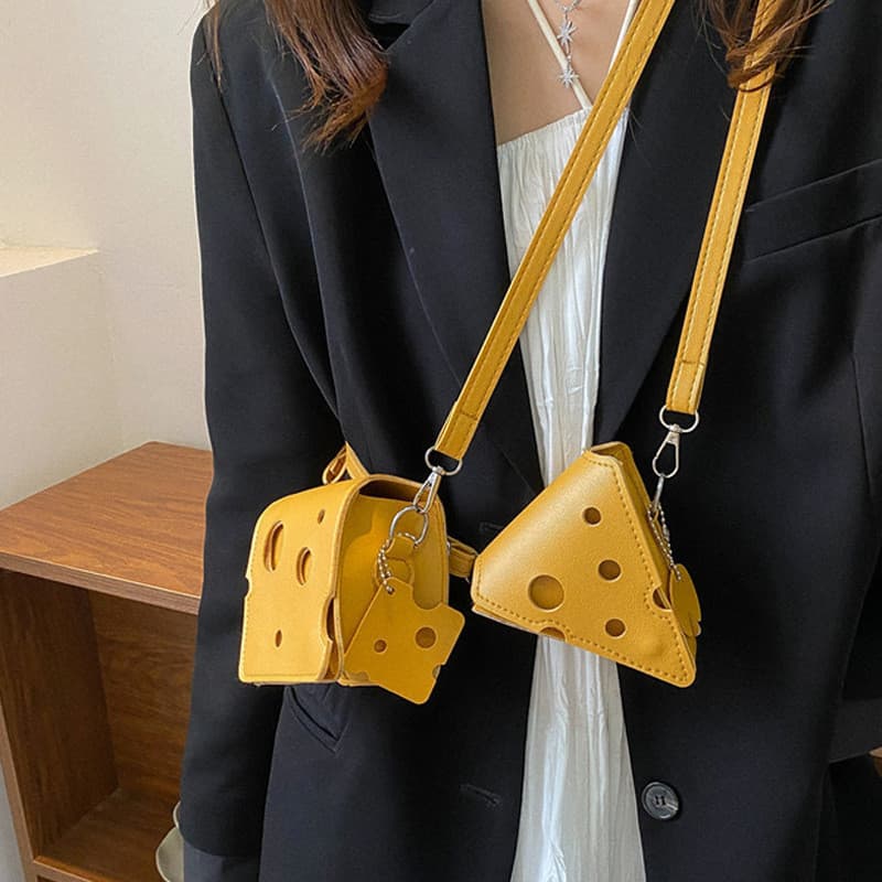 Bolsa Transversal Mini com Design de Queijo Fofo em Couro PU, Elegante Estojo para Batom e Fones de Ouvido, Bolsa de Moe