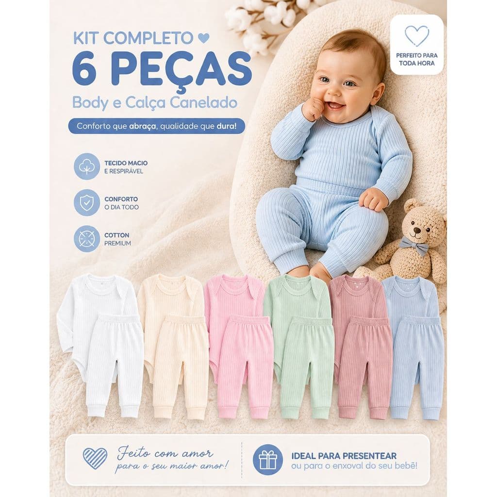 Kit Roupa Bebê 6 Peças Manga Longa Algodão Macio Recém Nascido Conforto