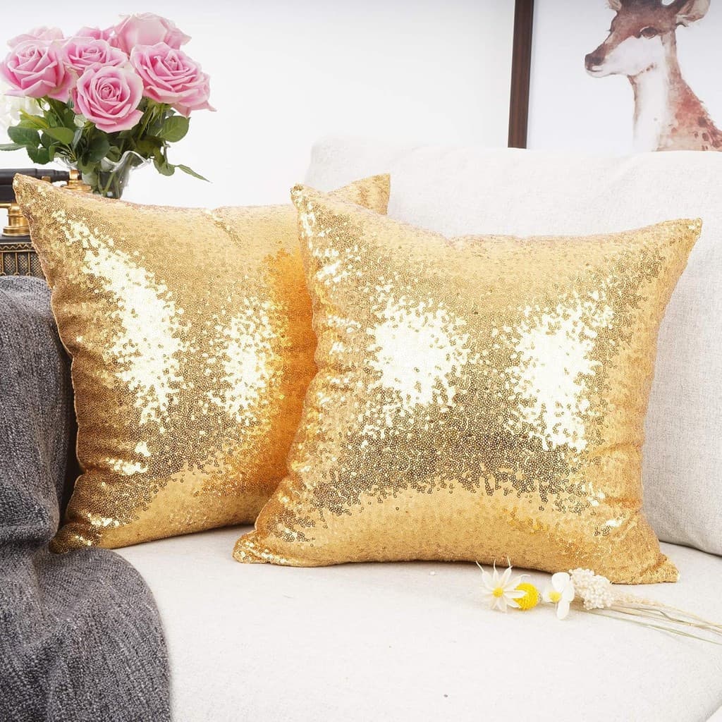 Nova Série De Luxo Ouro Bling Decorativo Lantejoulas Brilhantes E Confortável Cetim Lance Capa De Almofada Para Casament