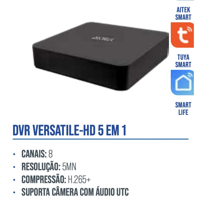 DVR 8 Canais 5 em 1 5MP H.265+ Áudio Coaxial UTC Aitek ALPHA-1208 App Tuya Smart Life CFTV Segurança Profissional