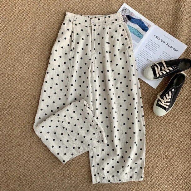 2026 novo estilo verão estilo fino Tencel linho bolinhas calças de perna larga feminino preto estilo solto