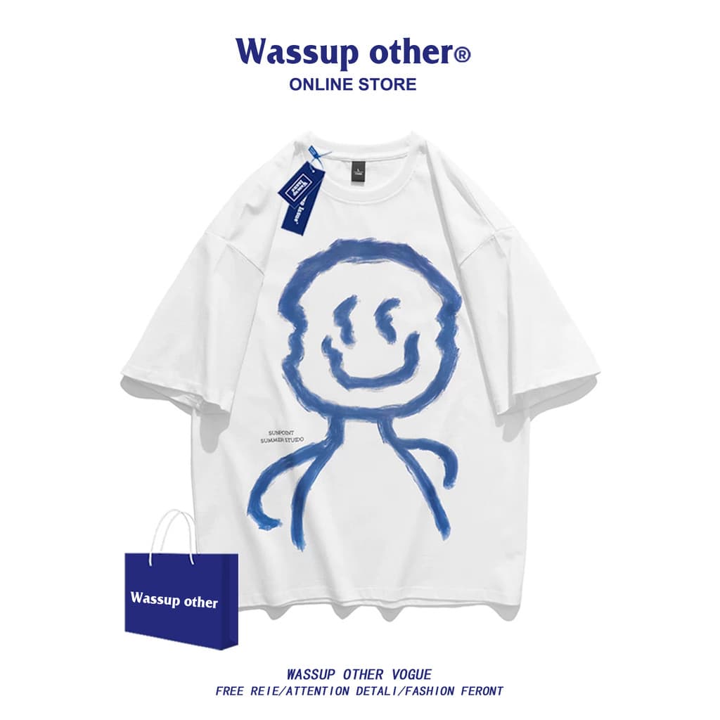 WASSUP OUTRO Camiseta japonesa de manga curta masculina verão Street Wear solto algodão puro exclusivo impresso meia man