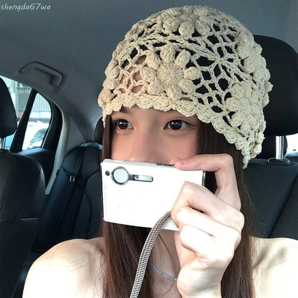 Chapéu De Flor De Crochê SHENGDA , Bonés De Malha Oca Feitos À Mão , Gorros Doces Y2k De Tecelagem Fofa Para Mulheres