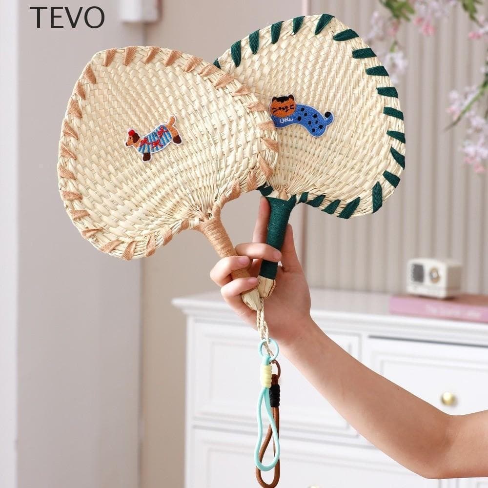 Ventilador Com Manivela Manual TEVO , Tecido De Palha Feito À Mão De Desenho Animado Portátil Suspenso Padrão Animal