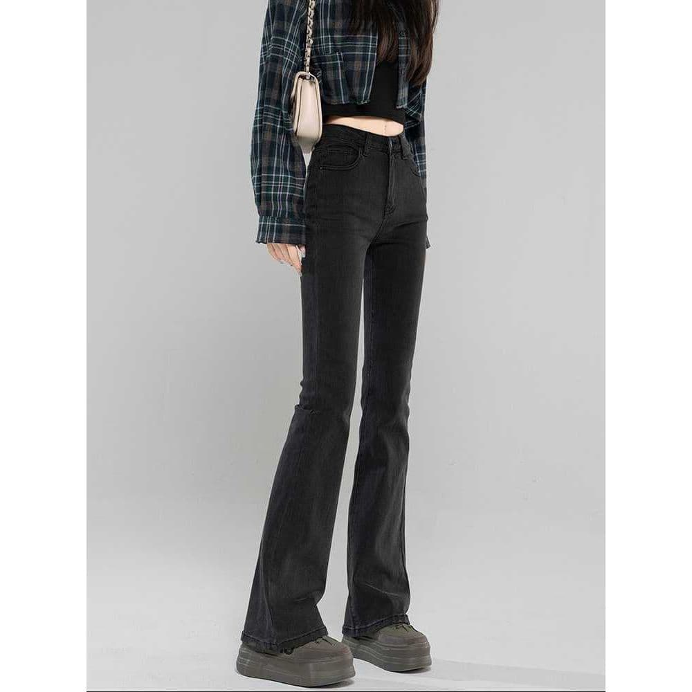 Preto queimado calças Jeans feminino primavera outono fino-ajuste ferradura pequena calças largas novo estilo cinza magr