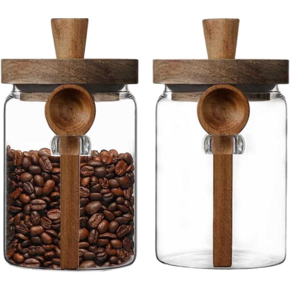 Conjunto ANSQU de 2 Potes de Vidro para Armazenamento de Alimentos com Tampa de Madeira de Bambu e Colher, Potes de Vidr
