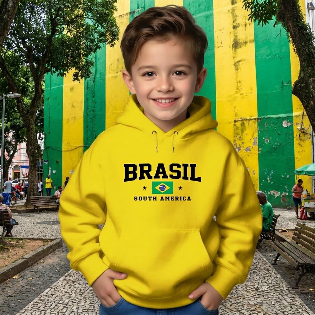 Blusa Moletom Abrigo Infantil Canguru Capuz Brasil Futebol Jogos Torcida Criança Menino Menina