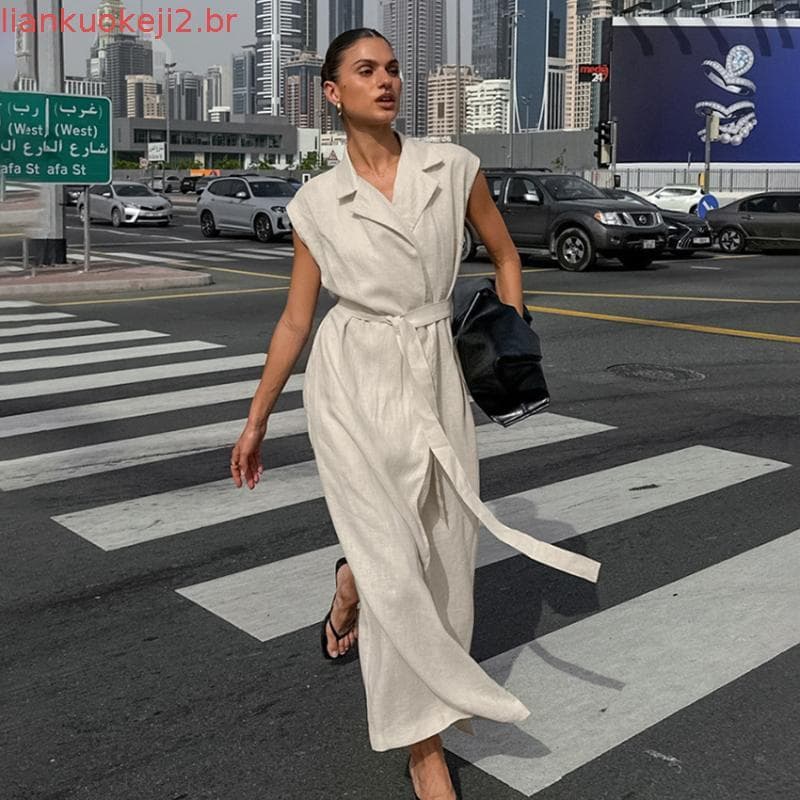 SAINT Vestido de linho de algodão francês feminino cáqui csa com cadarço saia longa roupas femininas