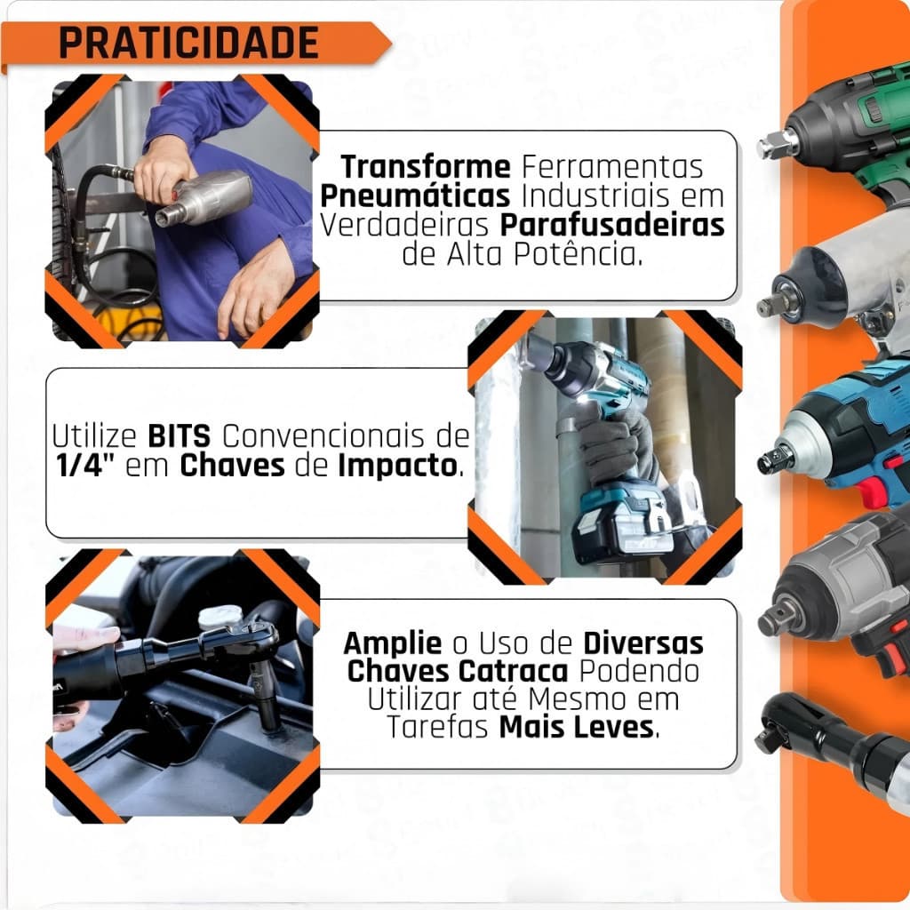KIT Mandril 6 pcs Chave +  Haste Soquete Adaptador Quadrado Chave De Impacto 1/2Pol Bits 1/4 Engate Rápido Parafusadeira