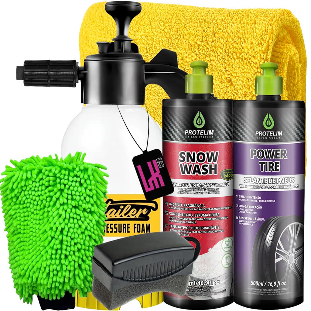 Kit Lavar Carro Rapido Casa Pulverizador Snow Foam 2l Snow Wash Shampoo Neutro Power TIre Pneu Pretinho Brilho Repelente