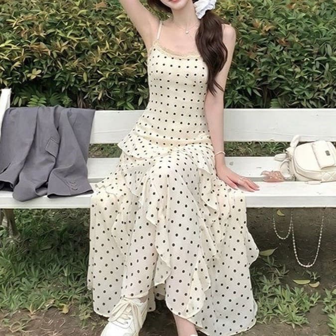 Vestido estilo férias francês Polka Dot Sling vestido feminino verão babados Super fada saia magro-ajuste a linha saia l