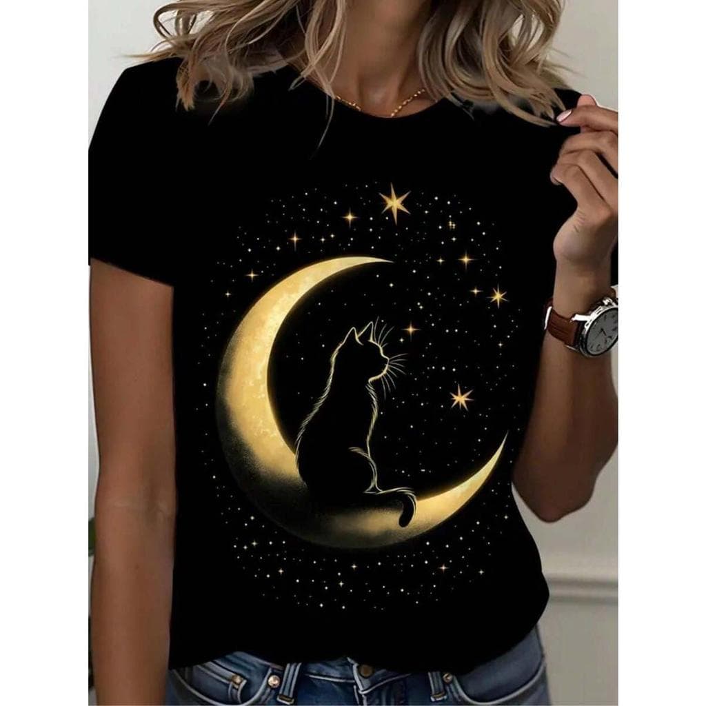 Camisa Feminina 100%algodão casual unissex estampa gato e lua gola redonda modelo verão confortável!