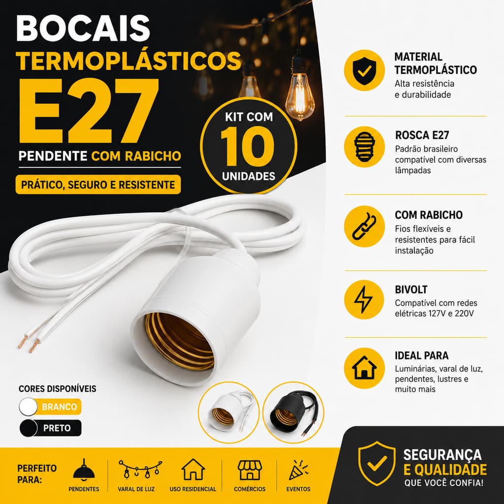 Kit 10 Bocal Pendente Com Rabicho E27 Termoplástico Lampada Luminária Vara de luz