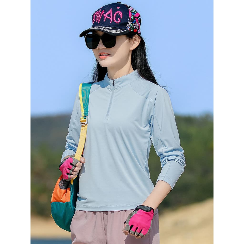 Roupas de secagem rápida femininas gola alta manga comprida camiseta estiramento respirável fino esportes ao ar livre pu