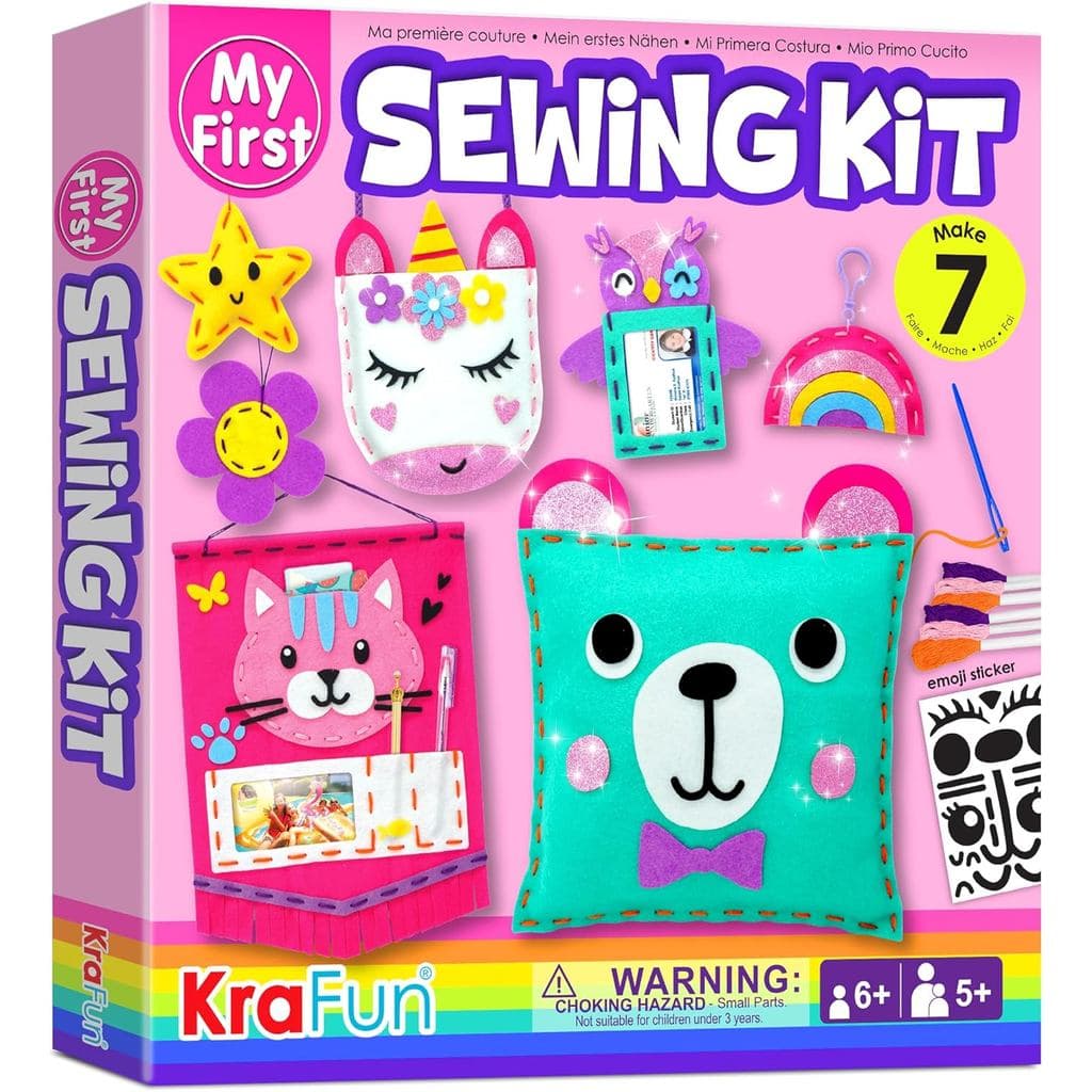 KRAFUN Meu Primeiro Kit de Costura, adequado para iniciantes e para artes e artesanato infantil, inclui 7 bonecos de pel