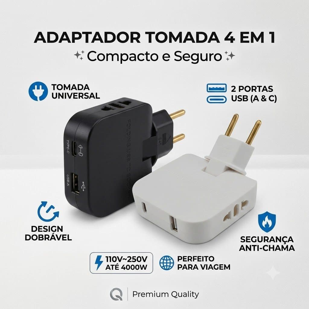 Adaptador Tomada Universal 4 em 1 USB-A + Type-C Dobrável 2500W