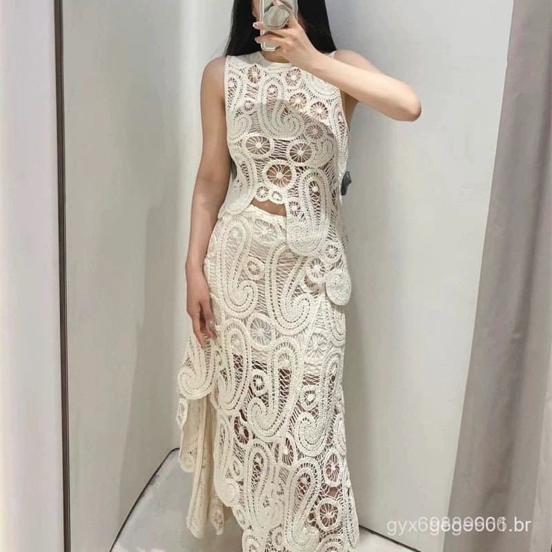 Conjunto de Saia de Cintura Alta Sem Mangas com Padrão de Flores em Crochê Retro para Mulheres 31