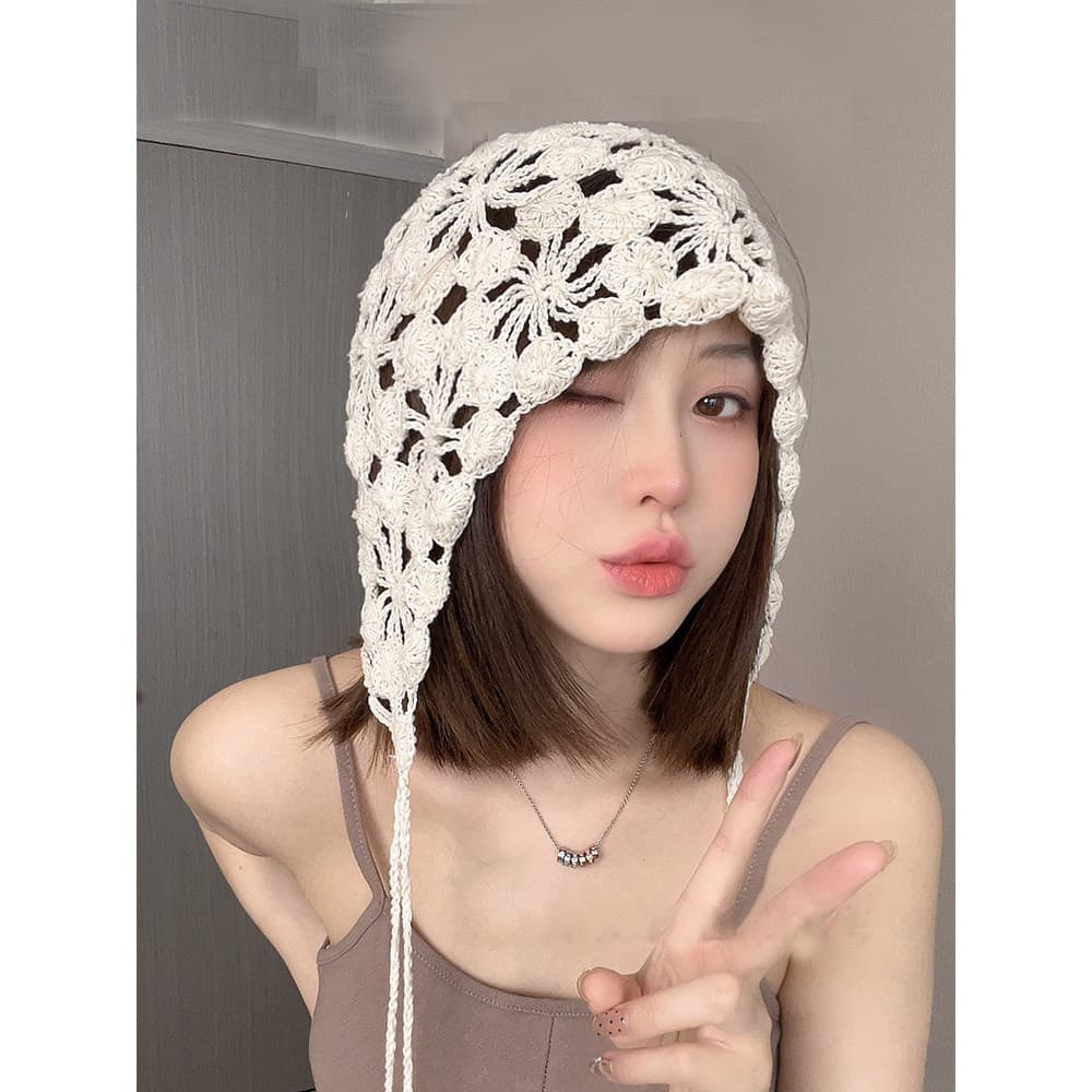 Chapéu boêmio tricotado à mão, chapéu de verão feminino estilo étnico oco flor borla chapéu moda Baotou