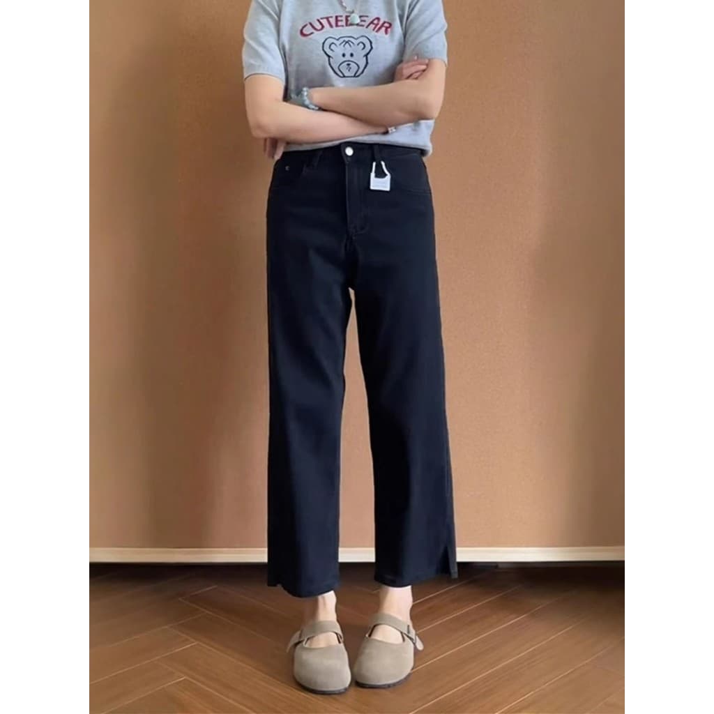 Pequeno Tencel Jeans reto feminino primavera estilo fino forma de pêra corpo preto cintura alta mais magro olhar tornoze