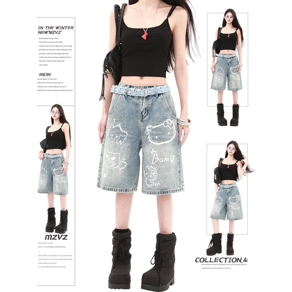Kitty kitty gato Graffiti cinco pontos perna larga Denim Shorts feminino primavera Plus Size gordura mm solto mais magro