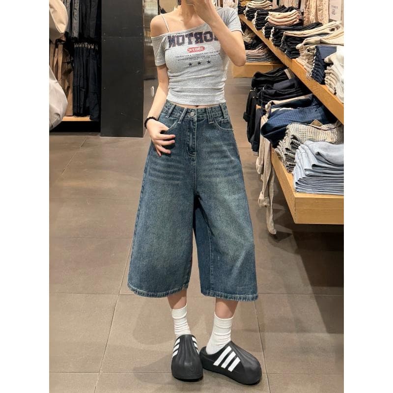 Tamanho grande americano Retro perna larga Denim calças cortadas mulheres verão 2026 novo estilo gordura mm cintura alta