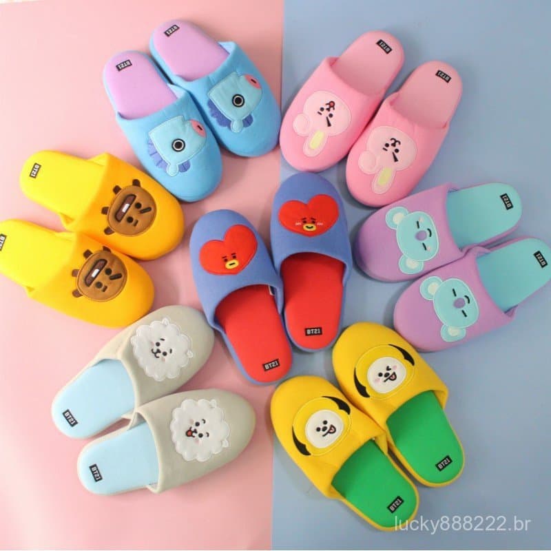 KPOP BTS Mulheres BT21 Chinelos Animados De Inverno Quente Piso Macio De Pelúcia Doméstico Sola Antiderrapante