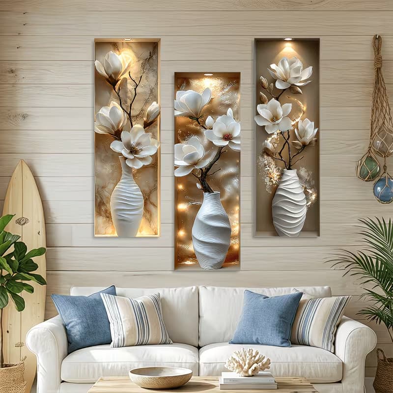 Kit 3Quadro Decorativo Sala 3D Relevo Magnolia Luxo Moderno Sofa Cristal Vaso Entrada Creme Flores Prosperidade