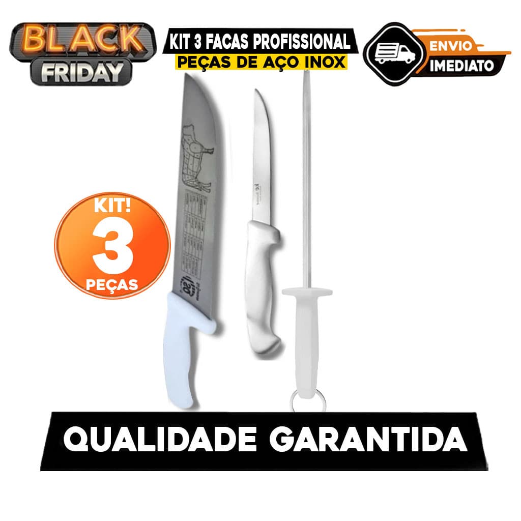 Kit 03 Utensilhos Faca Açougueiro/Chaira/Faca do Chef Profissional Lâmina Aço ja