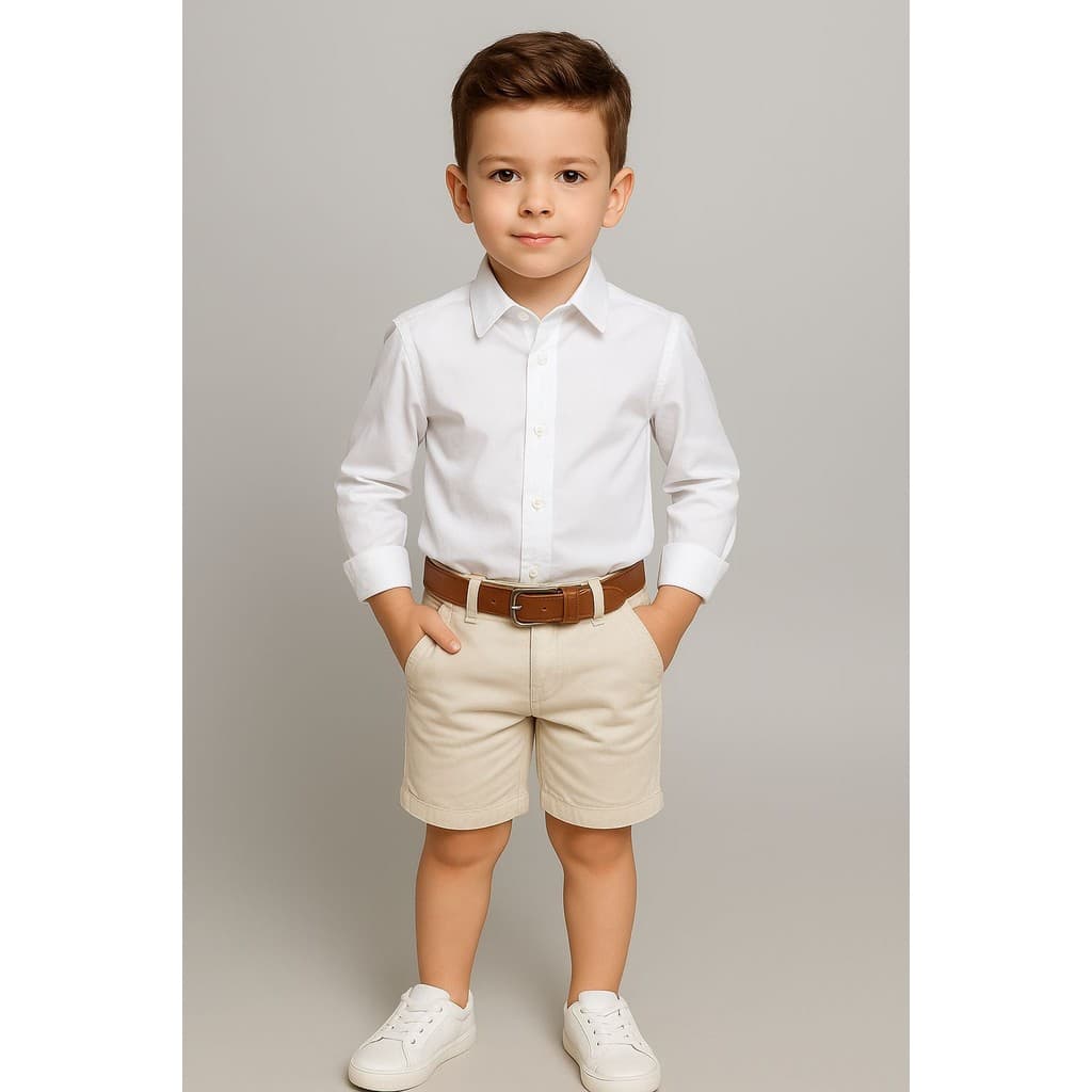 Conjunto Roupa Social Camisa Branca Bermuda Nude Cinto Casamento Formatura Pajem Aniversário Festa Infantil