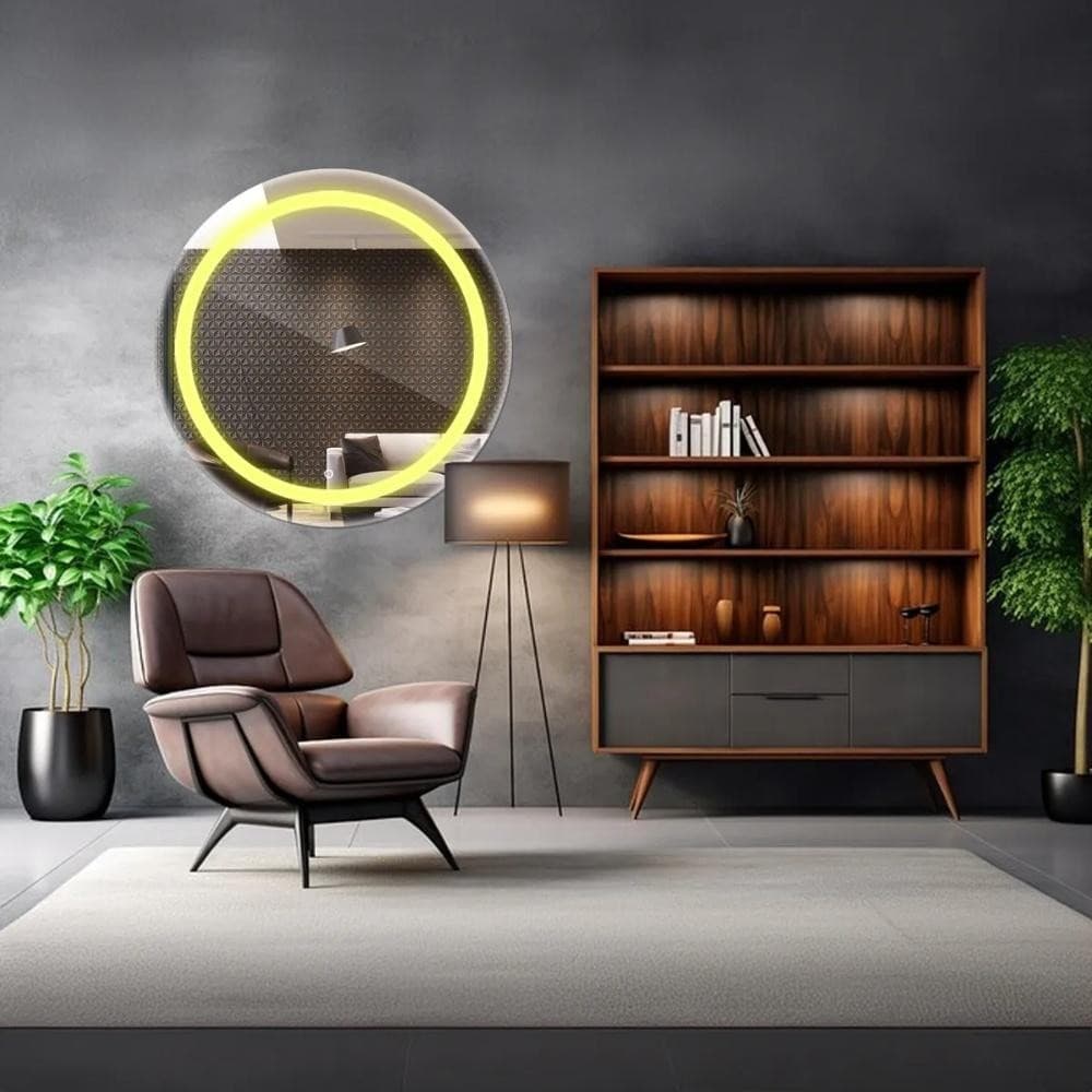 Espelho Redondo Jateado Com Led Amarelo 60x60 Lapidado botao Touch kit instalação