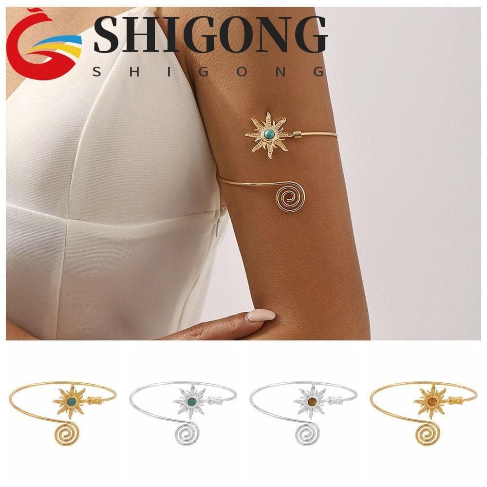 SHIGONG Punho De Braço , Pulseira De Turquesa De Liga Para Mulheres , Linha De Torção Exagerada De Sol , Aberto Largo Fe