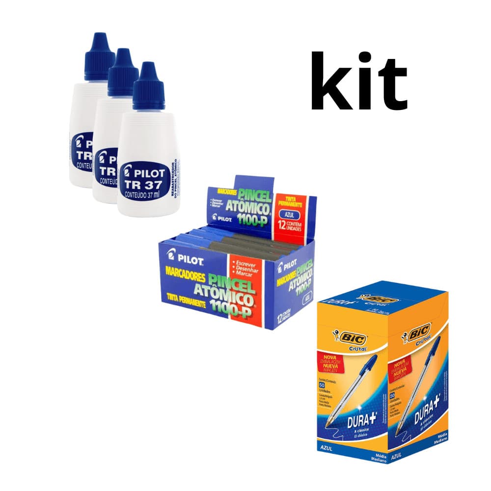 Kit Pilot: Tinta 37ml Azul + Pincel Atômico R1100 c/12 + Caneta Cristal 1.0mm Azul