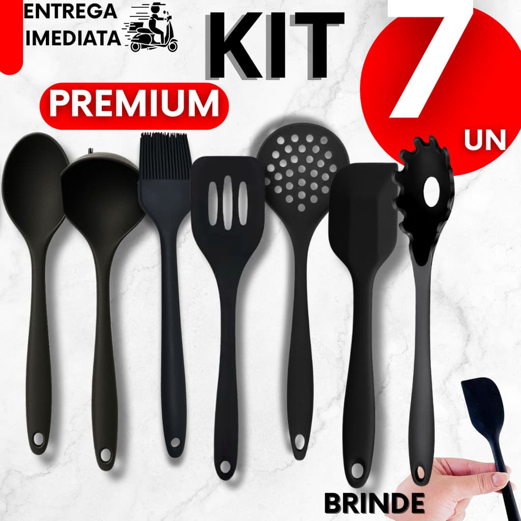 Colher de Silicone Concha Escumadeira Pincel Silicone Espátula 7 Utensílios Panela Cozinha + Brinde