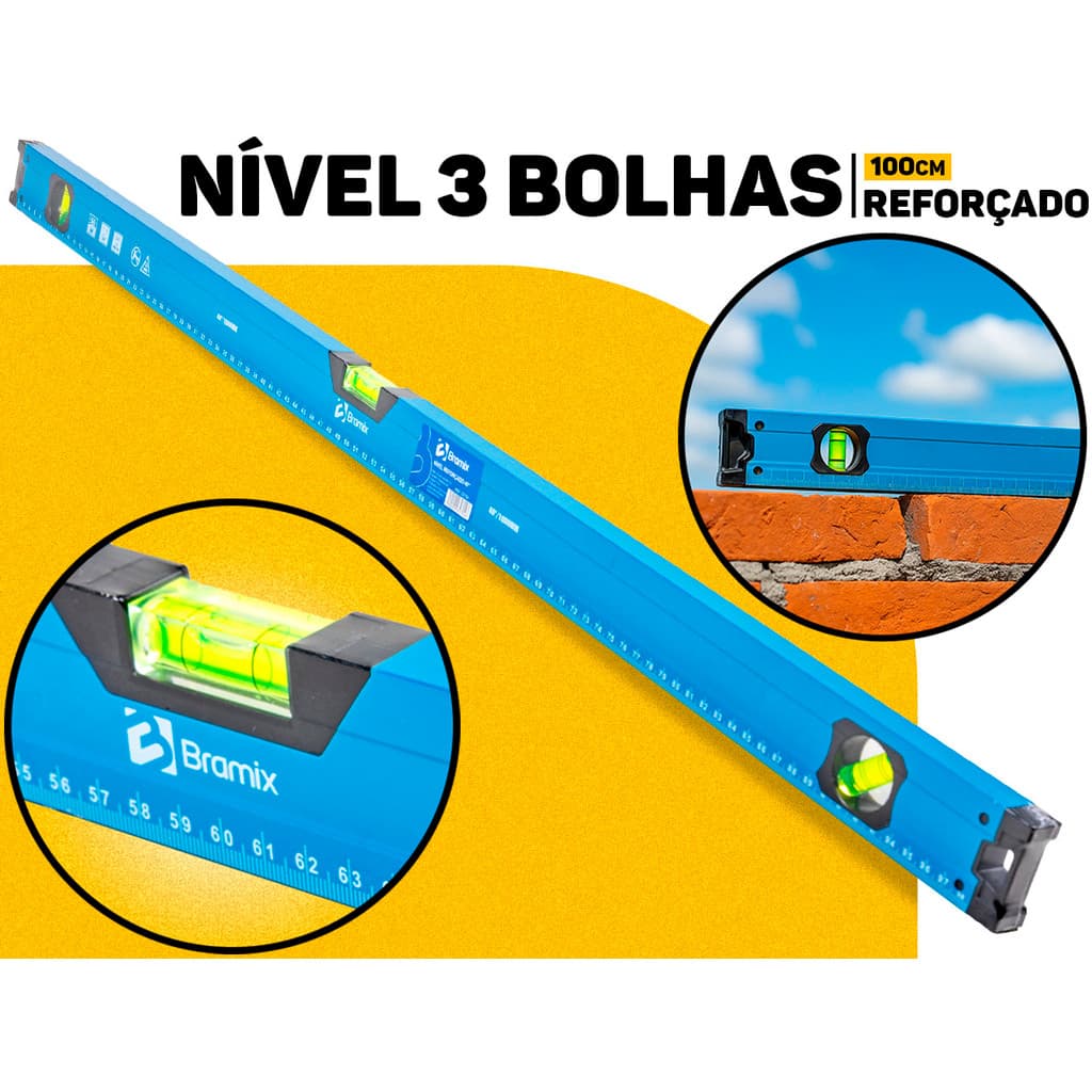 Nível De Alumínio 100cm 3 Bolhas Profissional Bramix Régua De Prumo Medição Nivelamento Construção