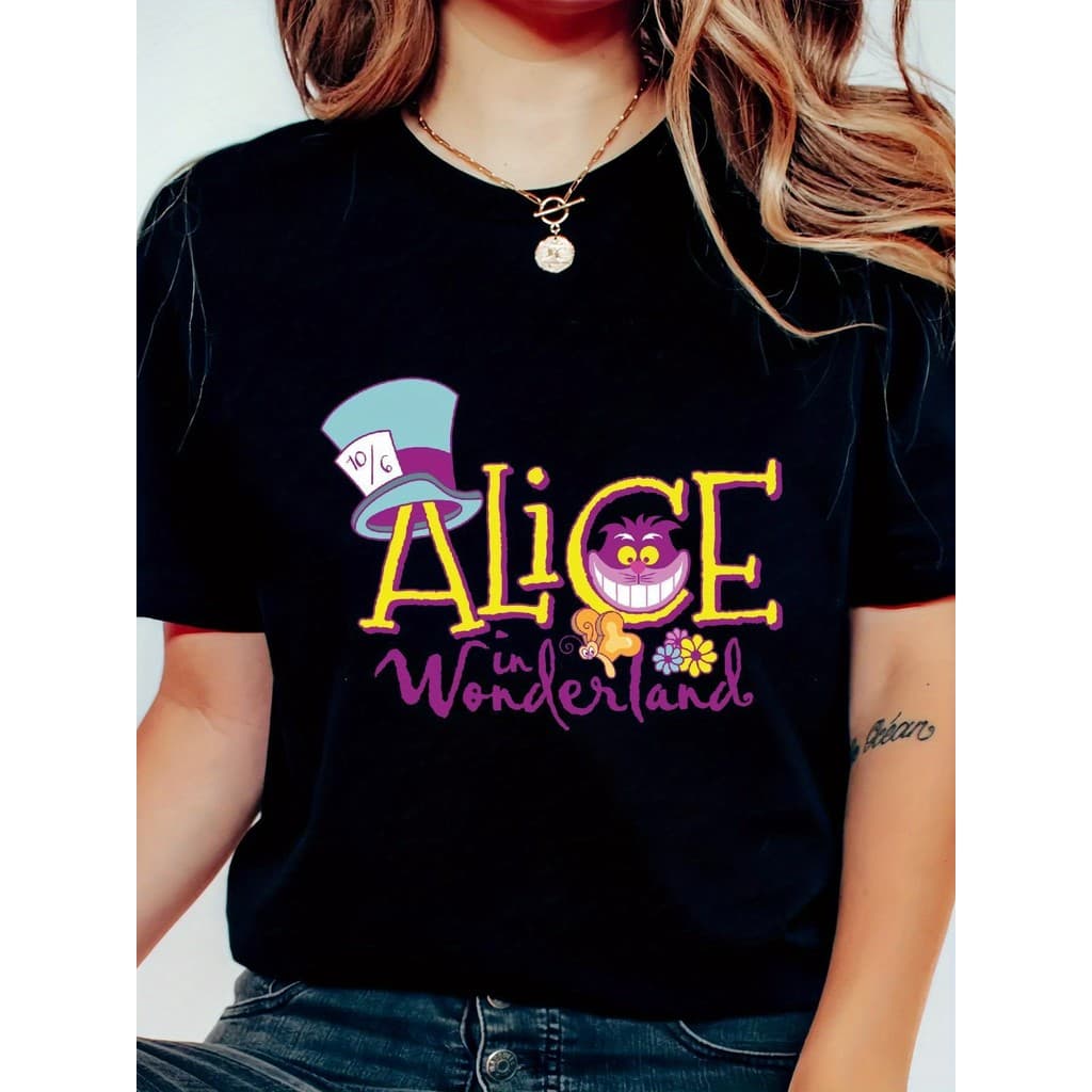 Camiseta Feminina Alice Wonderland Y2K Colorido Unissex Oversized 100% Algodão Casual Envio Imediato